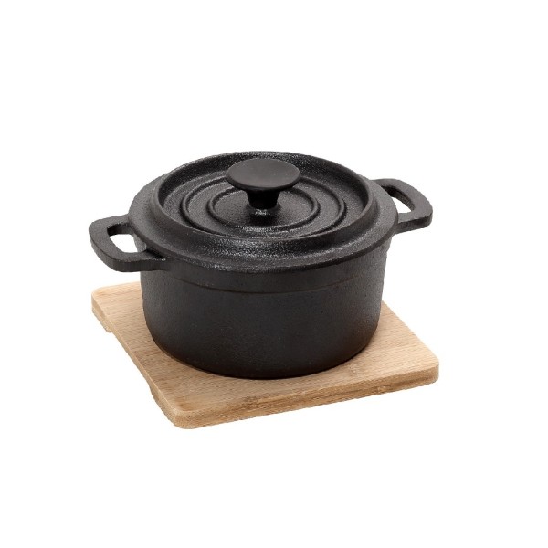ΚΑΤΣΑΡΟΛΑ CAST-IRON ΜΑΥΡΗ D: 10 H: 8CM  250ML ΜΕ ΒΑΣΗ BAMBOO | Συσκευασία 2 τμχ