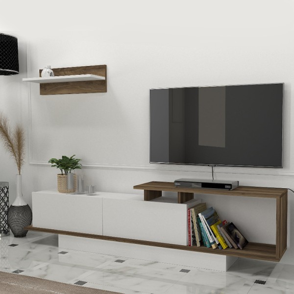 Έπιπλο τηλεόρασης Novara Megapap από μελαμίνη χρώμα λευκό - καρυδί 180x29,6x45εκ.