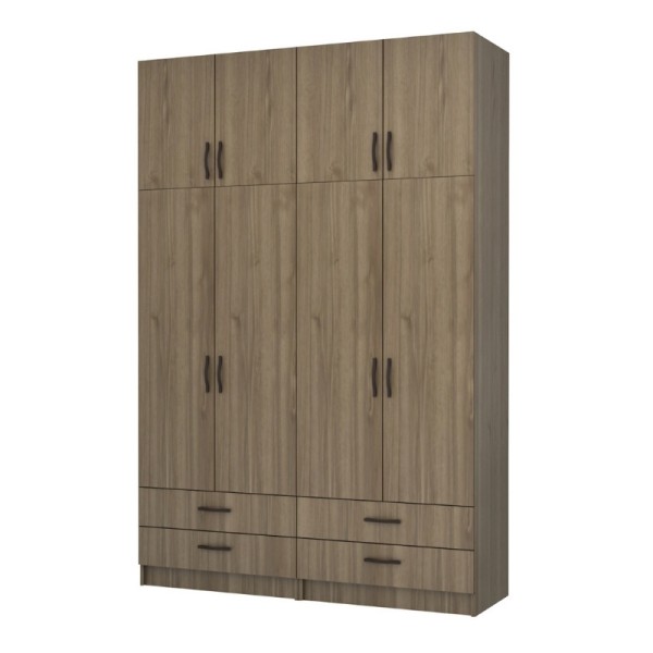 Ντουλάπα ρούχων Ricardo Megapap τετράφυλλη με πατάρι χρώμα καρυδί 160x51,8x240εκ.