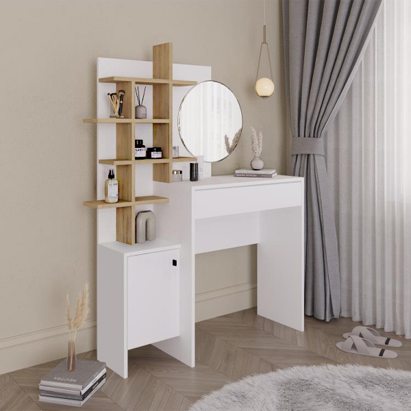 Τουαλέτα με καθρέπτη Mup Megapap από μελαμίνη χρώμα λευκό - φυσικό οξιάς 105x35x151εκ.