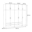 Ντουλάπα ρούχων Victoria Megapap πεντάφυλλη με πατάρι και συρτάρια χρώμα φυσικό οξιάς 250x60x240εκ.