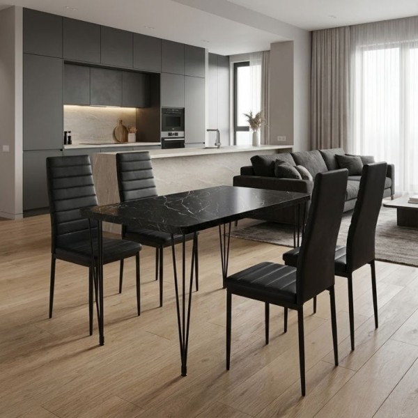 Σετ τραπεζαρία 5τμχ Roger - Rosa Megapap Mdf - PU χρώμα μαύρο εφέ μαρμάρου - μαύρο 120x70x75εκ.