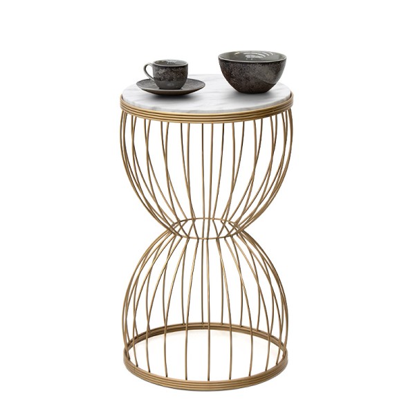 Τραπεζάκι βοηθητικό Pino Megapap μεταλλικό - Mdf χρώμα χρυσό - λευκό εφέ μαρμάρου 35x35x58εκ.