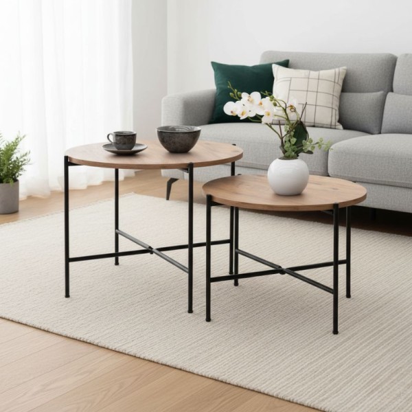 Σετ τραπεζάκια σαλονιού Zayden Megapap 2 τμχ χρώμα pine oak 65x65x52εκ.