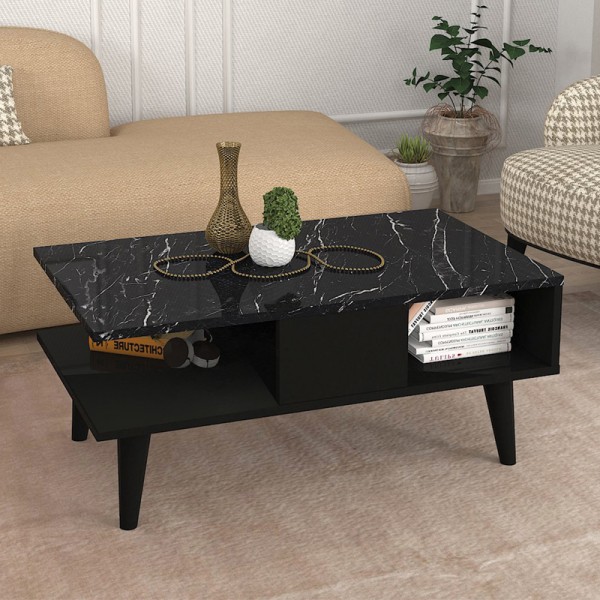 Τραπεζάκι σαλονιού Andros Megapap χρώμα μαύρο - μαύρο εφέ μαρμάρου 90x54x39,6εκ.