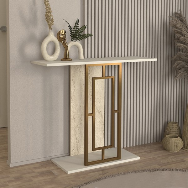Κονσόλα Alderas Megapap χρώμα sandstone - travertine - χρυσό 90x29,6x76,8εκ.