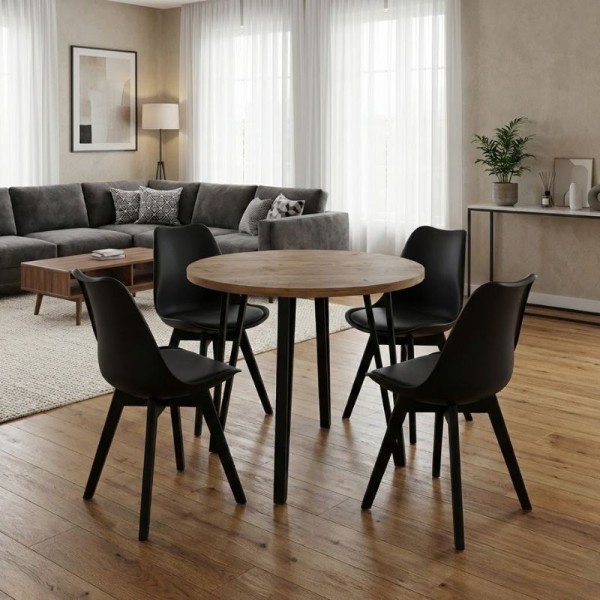 Σετ τραπεζαρία 5τμχ Xana - Viva Megapap χρώμα sepet oak - μαύρο Ø90x77,7εκ.