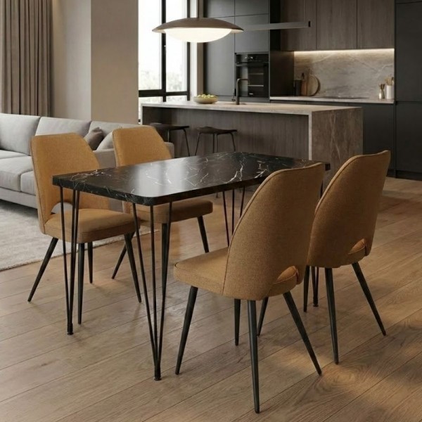 Σετ τραπεζαρία 5τμχ Roger - Christy Megapap Mdf - ύφασμα χρώμα μαύρο εφέ μαρμάρου - μουσταρδί 120x70x75εκ.