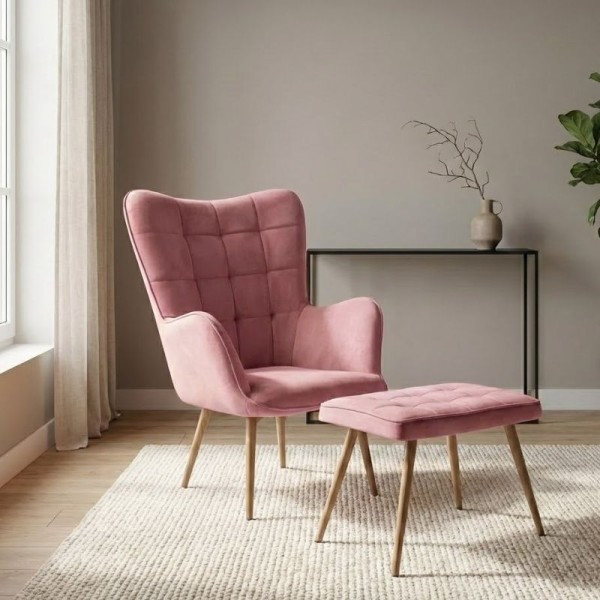 Πολυθρόνα - Μπερζέρα με υποπόδιο Lily Megapap σάπιο μήλο βελούδο - μεταλλικό πόδι χρώμα φυσικό 70x62x98εκ.