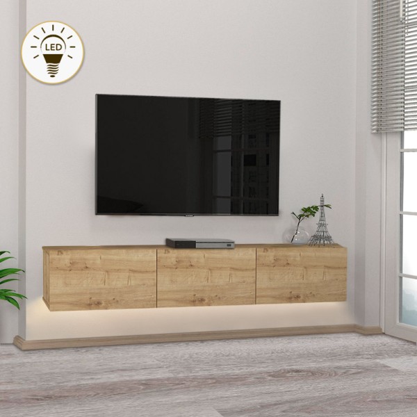 Έπιπλο τηλεόρασης επιτοίχιο Damla Megapap με LED χρώμα sapphire oak 180x29,5x29,5εκ.