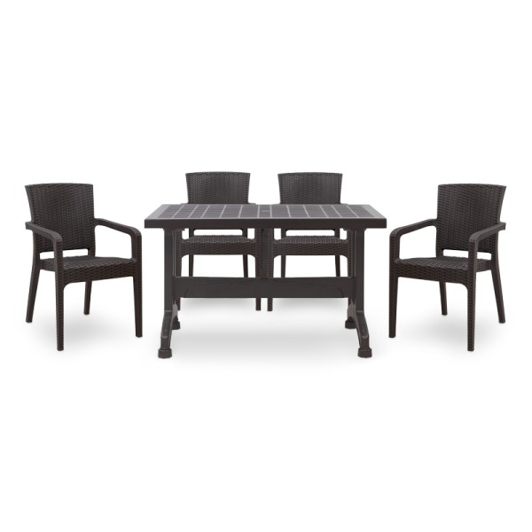 Σετ τραπεζαρία κήπου Callan Megapap 5τμχ πολυπροπυλενίου τραπέζι 140x80 - πολυθρόνα recycled χρώμα καφέ S_GP046-0003,1+GP046-0001,2x4