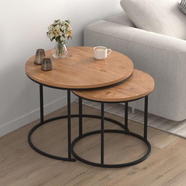 Τραπεζάκι σαλονιού σετ 2 τμχ Hilal Megapap χρώμα pine oak Ø66x49,5εκ.