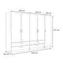 Ντουλάπα ρούχων Victoria Megapap πεντάφυλλη με συρτάρια χρώμα καρυδί 250x60x181εκ.