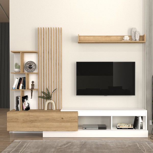 Σύνθεση τηλεόρασης Vermont Megapap χρώμα λευκό - sepet oak 240x40x192εκ.