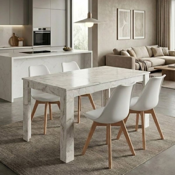 Σετ τραπεζαρία 5τμχ Darlen - Viva Megapap χρώμα λευκό εφέ μαρμάρου - λευκό/φυσικό πόδι 125x72x74εκ.