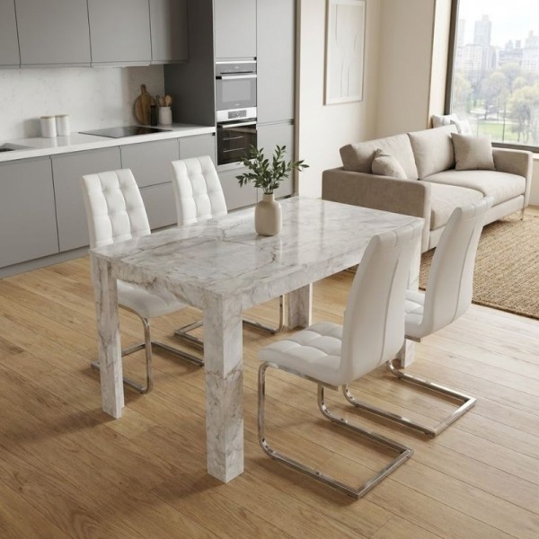 Σετ τραπεζαρία 5τμχ Darlen - Vela Megapap χρώμα λευκό εφέ μαρμάρου - λευκό 125x72x74εκ.