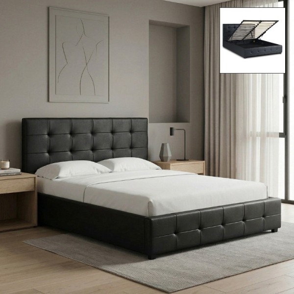 Κρεβάτι Iro Megapap από τεχνόδερμα με αποθηκευτικό χώρο χρώμα μαύρο 150x200εκ.