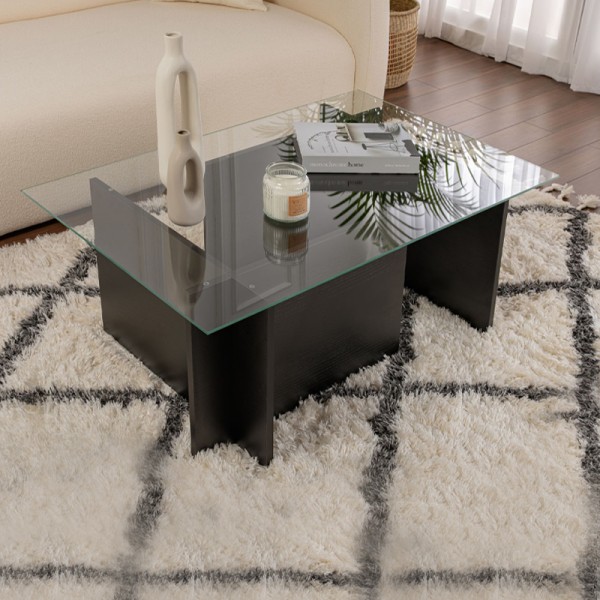 Τραπεζάκι σαλονιού Vetrino Megapap γυάλινο χρώμα black wood 105x65x40εκ.