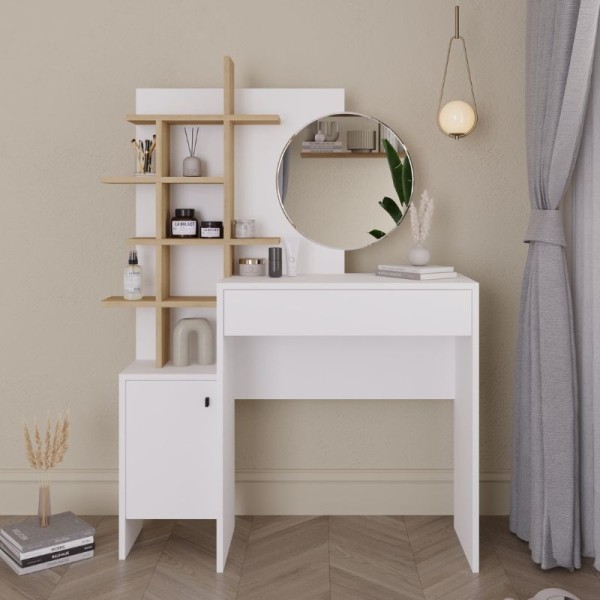 Τουαλέτα με καθρέπτη Mup Megapap χρώμα λευκό - sapphire oak 105x35x151εκ.