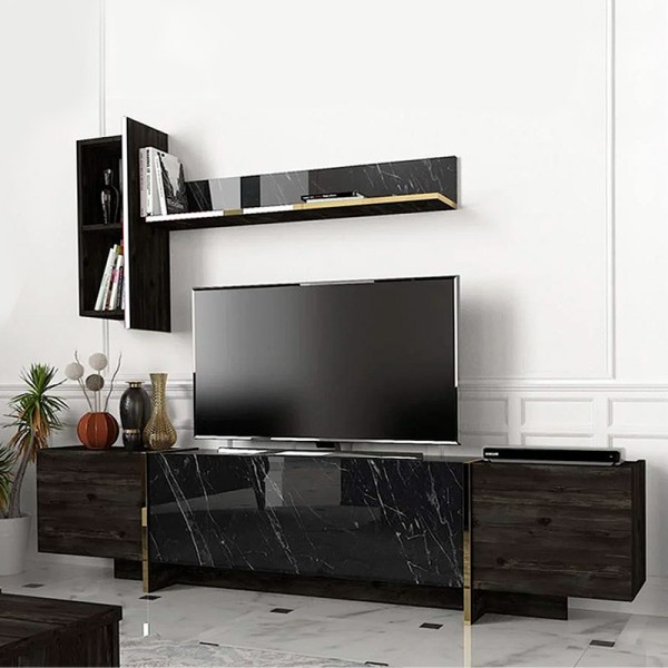 Σύνθεση τηλεόρασης Veyron Megapap χρώμα μαύρο rebab - μαύρο εφέ μαρμάρου 180x33x45εκ.
