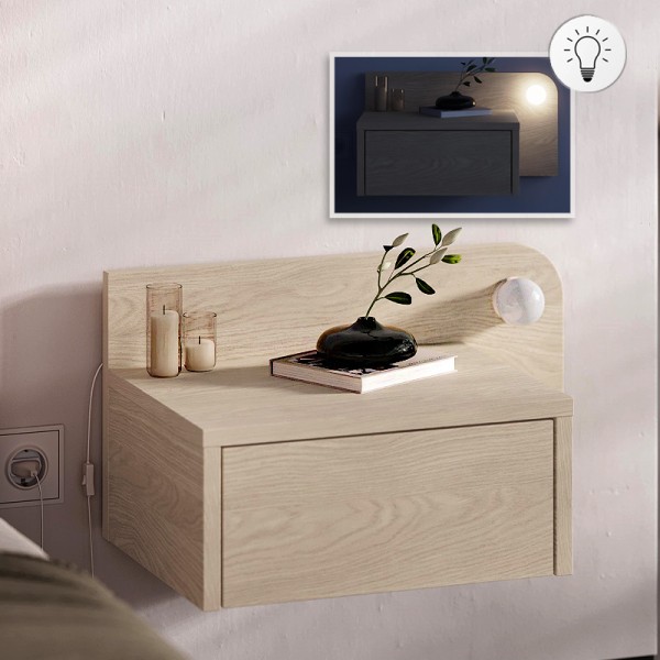 Κομοδίνο επιτοίχιο Dotta Megapap με LED χρώμα light oak 52x33,6x28εκ.