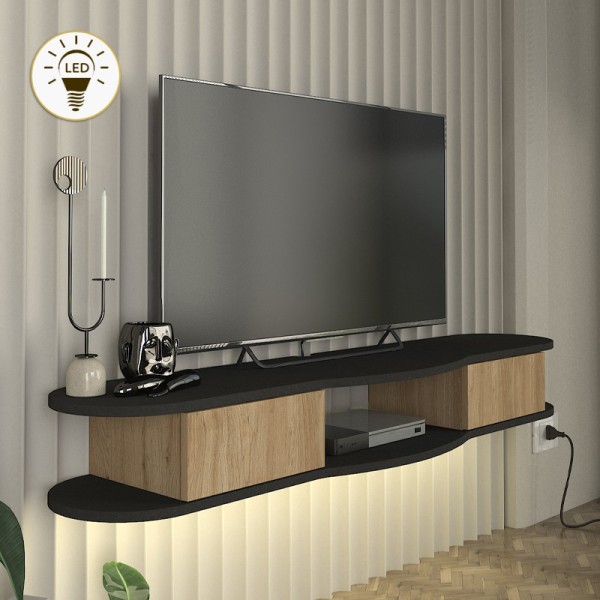 Έπιπλο τηλεόρασης επιτοίχιο Perk Megapap με LED χρώμα ανθρακί - sepet oak 150x35x19,2εκ.