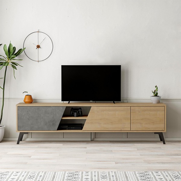 Έπιπλο τηλεόρασης Fiona Megapap χρώμα sapphire oak - γκρι ρετρό 180x35,6x48εκ.
