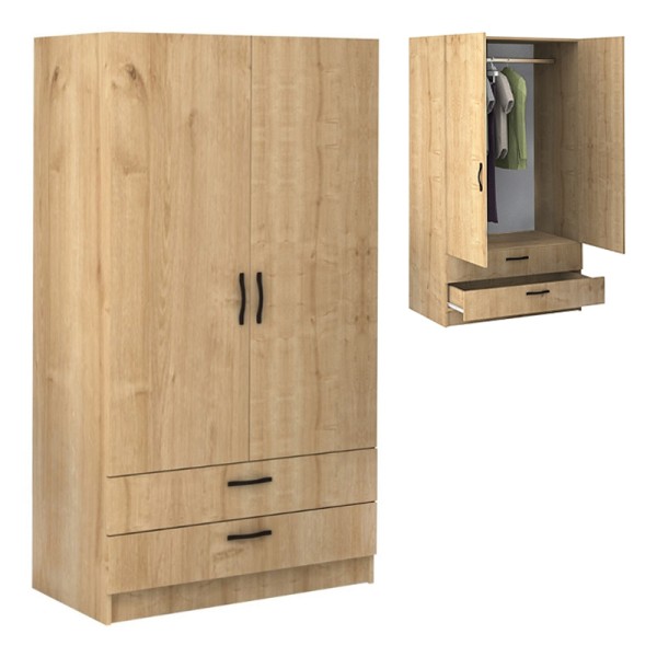 Ντουλάπα ρούχων Victoria Megapap δίφυλλη με συρτάρια χρώμα φυσικό οξιάς 100x60x181εκ.