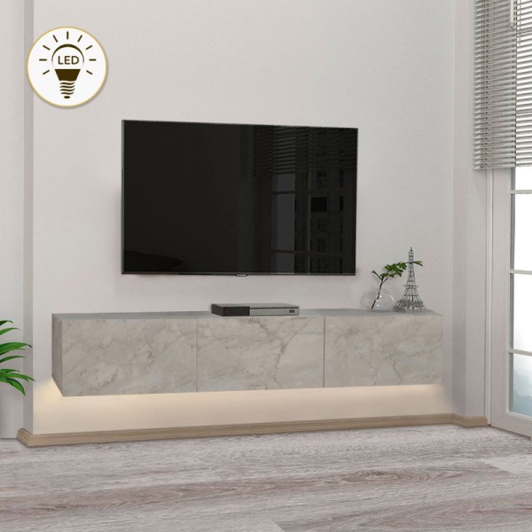 Έπιπλο τηλεόρασης επιτοίχιο Damla Megapap με LED χρώμα λευκό εφέ μαρμάρου 180x29,5x29,5εκ.