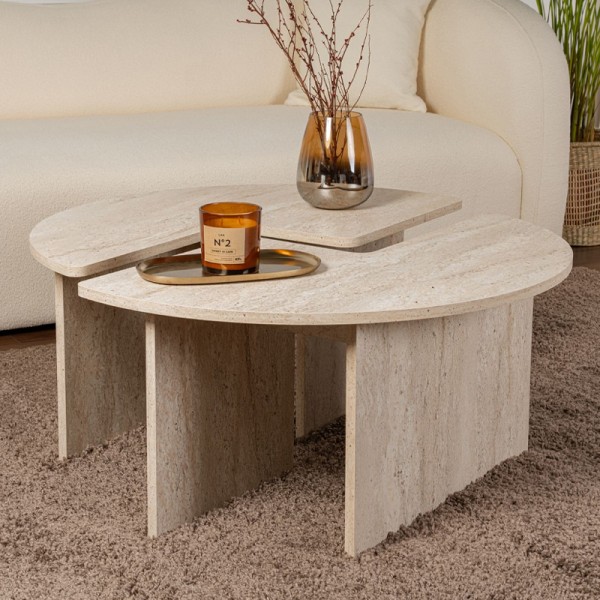 Τραπεζάκι σαλονιού σετ 2 τμχ Moira Megapap χρώμα travertine Ø90x41εκ.