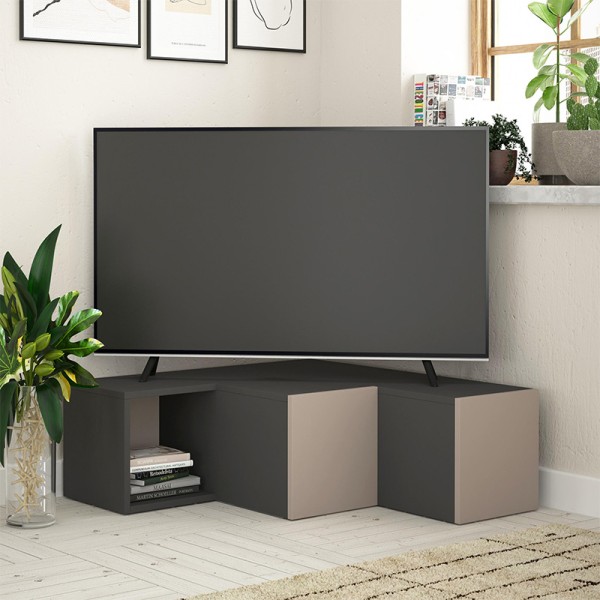 Έπιπλο τηλεόρασης γωνιακό Compact Megapap χρώμα ανθρακί - ανοιχτή μόκα 94,2x90,6x31,4εκ.