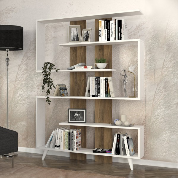 Βιβλιοθήκη Rain Megapap χρώμα λευκό - καρυδί 120x19,5x162εκ.