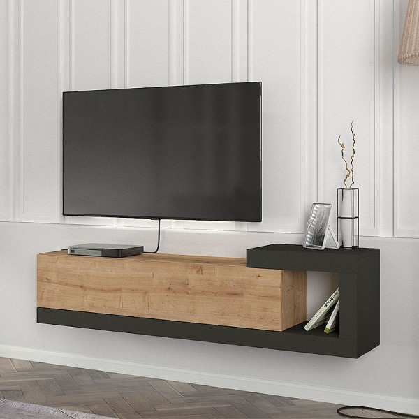 Έπιπλο τηλεόρασης επιτοίχιο Volare Megapap χρώμα sapphire oak - ανθρακί 150x29,6x38,6εκ.