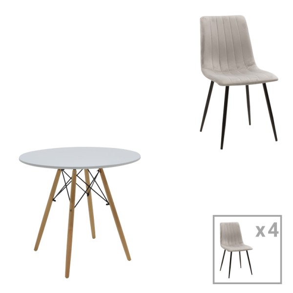 Τραπεζαρία Julita-Noor pakoworld σετ 5τεμ  MDF λευκό-γκρι-πόδια φυσικό Φ80x73εκ