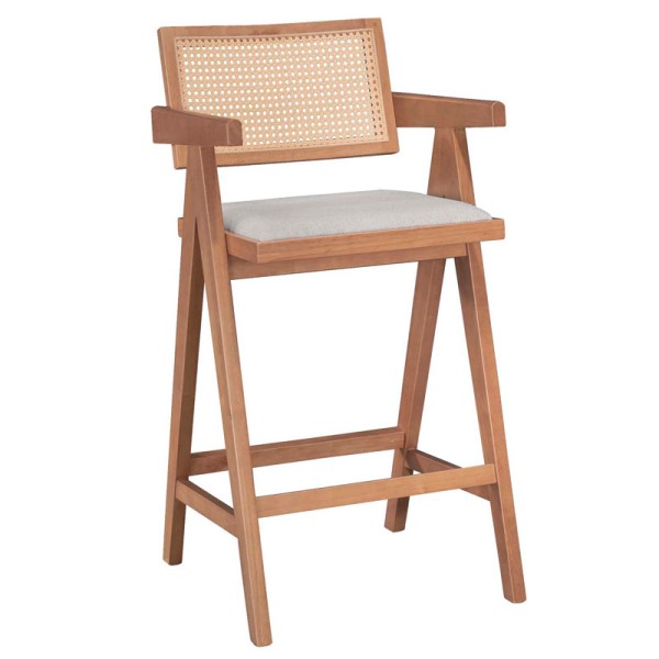 Σκαμπό bar Winslow pakoworld ξύλο rubberwood ανοικτό καρυδί-pvc rattan φυσικό-ύφασμα γκρι | Συσκευασία 2 τμχ