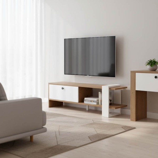 Έπιπλο τηλεόρασης Salon pakoworld χρώμα καρυδί-λευκό 120x25x37εκ