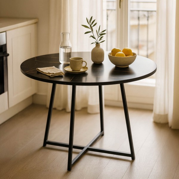 Τραπέζι Sarah Ι pakoworld σε μαύρο μαρμάρου απόχρωση με μαύρα μεταλλικά πόδια Φ100x76εκ