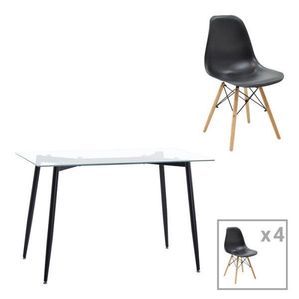 Τραπεζαρία Quana-Julita pakoworld σετ 5τεμ γυάλινο 8χιλ διάφανο - μαύρο πόδι 120x70x75εκ