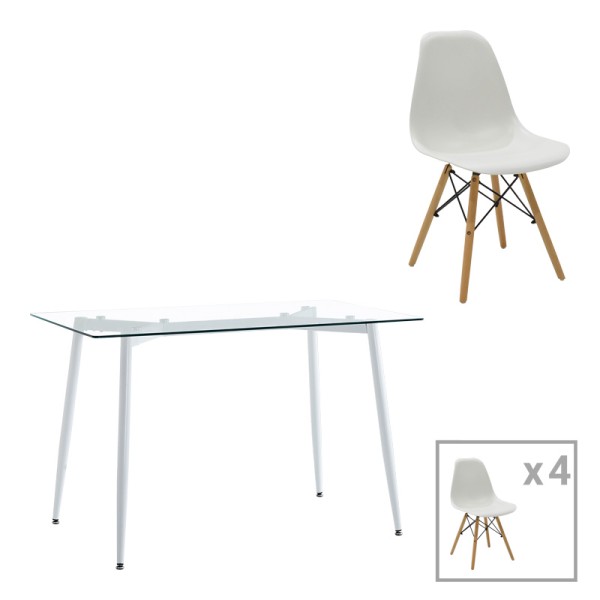 Τραπεζαρία Quana-Julita pakoworld σετ 5τεμ γυάλινο 8χιλ διάφανο - λευκό 120x70x75εκ