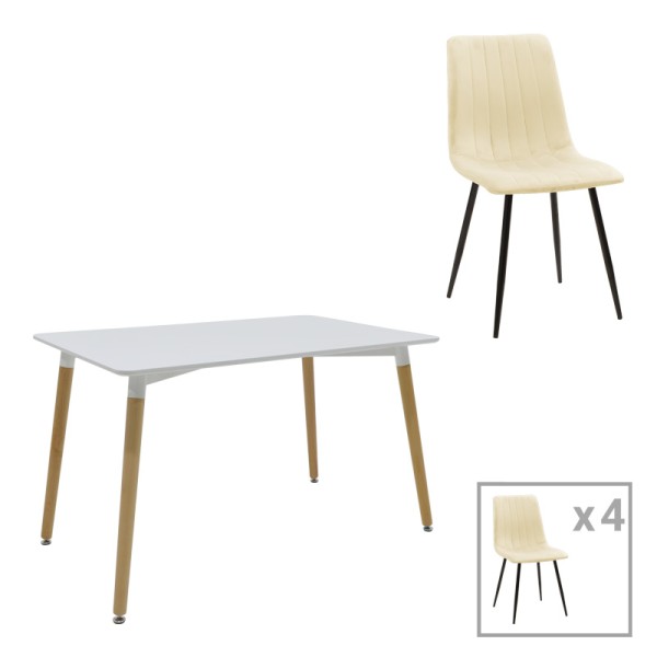 Τραπεζαρία Natali-Noor pakoworld σετ 5τεμ MDF λευκό-μπεζ ύφασμα 120x80x76εκ