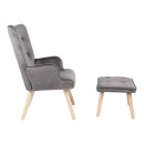 Πολυθρόνα με υποπόδιο Melisia pakoworld γκρι βελούδο και ξύλινο πόδι σε φυσική απόχρωση 59x67x94εκ