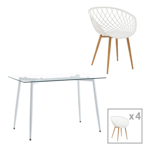 Τραπεζαρία Quana-Ezra pakoworld σετ 5τεμ γυάλινο 8χιλ διάφανο - λευκό πόδι 120x70x75εκ