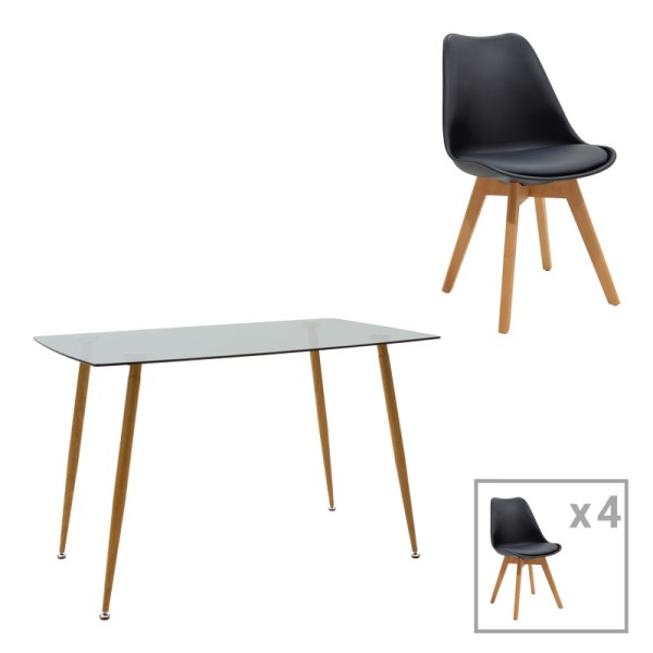 Τραπεζαρία Chloe -Gaston pakoworld σετ 5τεμ γυάλινο 8χιλ ανθρακί - πόδι φυσικό 120x70x75εκ