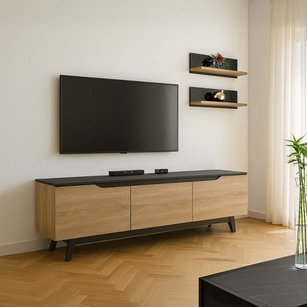 Σύνθετο σαλονιού Kasia pakoworld σε μαύρο μαρμάρου-sonoma απόχρωση 180x35x48.5εκ