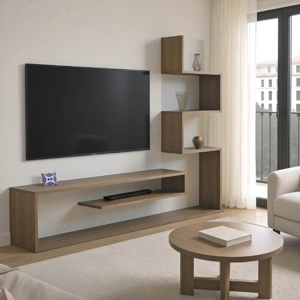 Έπιπλο τηλεόρασης με βιβλιοθήκη Cazenda pakoworld σε sonoma με λευκή απόχρωση 160x29x126εκ