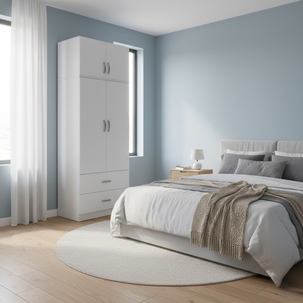 Ντουλάπα δίφυλλη με 2 συρτάρια και πατάρι Lego pakoworld σε λευκή απόχρωση 80x42x240εκ