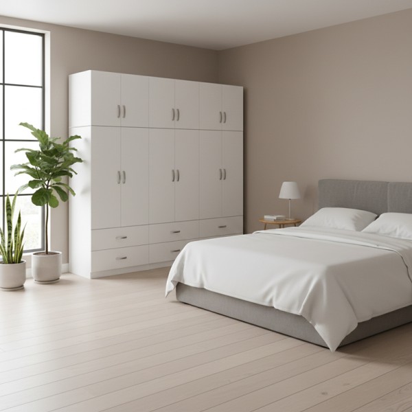 Ντουλάπα εξάφυλλη με συρτάρια και πατάρι Lego pakoworld λευκή 240x42x240εκ