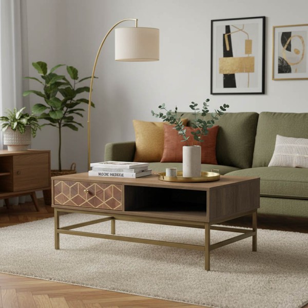 Τραπέζι σαλονιού Brilo Inart καφέ-χρυσό ξύλο 101x59x43εκ