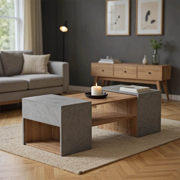 Τραπέζι σαλονιού Morfi pakoworld πολυμορφικό 3τεμ σε oak-μπεζ μαρμάρου απόχρωση 105x45x37εκ