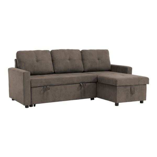 Γωνιακός αναστρέψιμος καναπές κρεβάτι Napora pakoworld με αποθηκευτικό χώρο γκρι-μπεζ ύφασμα 214x83/138x90εκ